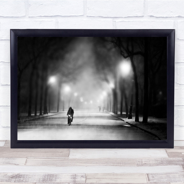 Landscape Black & White motorbike riding street light Snowy Wall Art Print