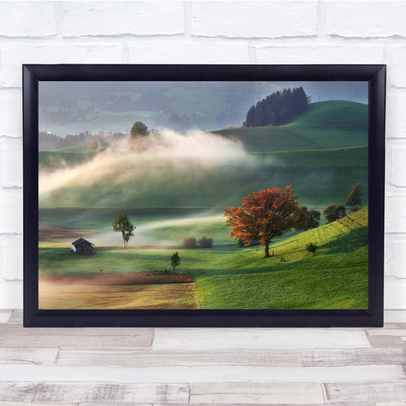 Landscape Autumn Switzerland Morning Dawn Tree Mist Meadows Wall Art Print