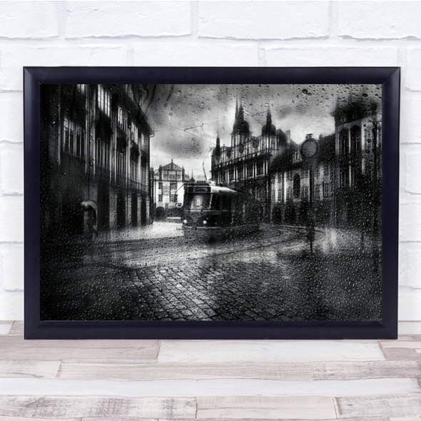 Landscape Prague Water Rain Tram Buildings People Umbrellas Wall Art Print