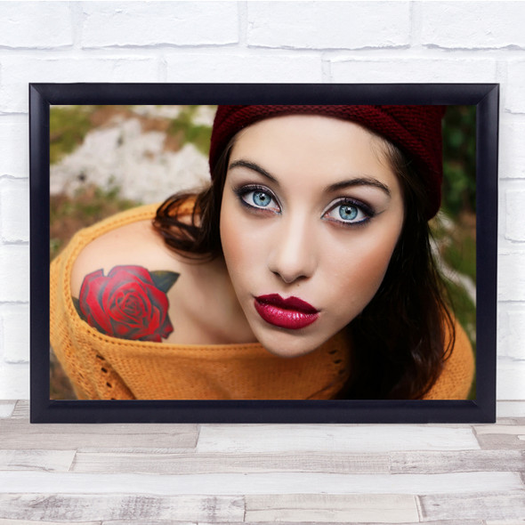 Portrait Woman Colour Vogue Face Rose Flower Tattoo Romance Wall Art Print