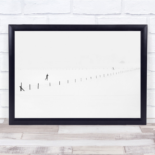Skier Black & White Landscape Winter Snow Cold Fence Figure Wall Art Print