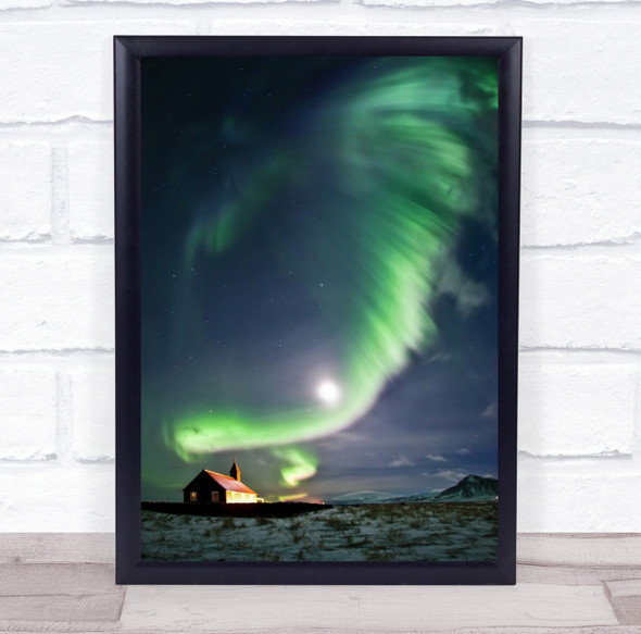 Sky Night Building Iceland Church Landscape Aurora Borealis Wall Art Print