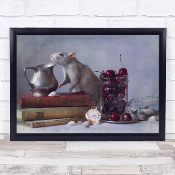 Still Life Rat Cherries Bottle Watch Clock Shells Seashells Wall Art Print