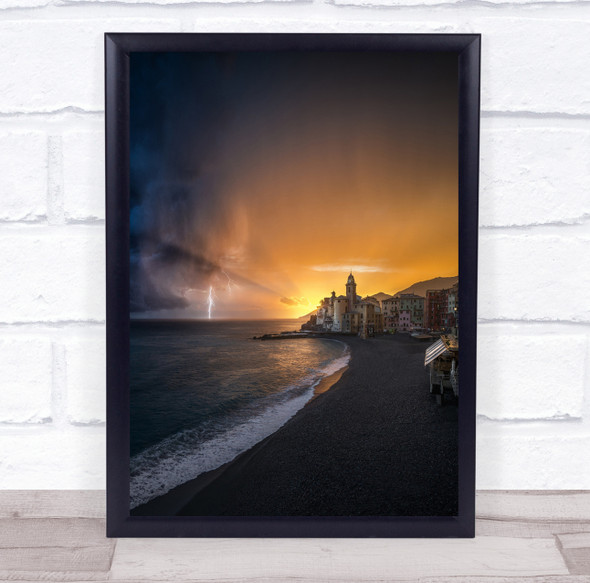 Storm Seascape Sunset Italy Coast Coastal Lightning Liguria Wall Art Print