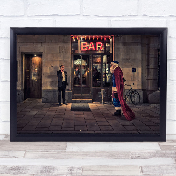 Street Santa Bar Night Stockholm Pub Party Christmas Winter Wall Art Print