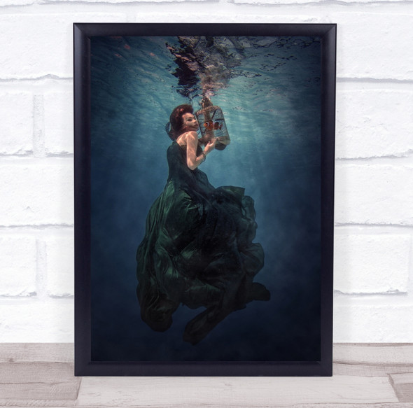 Underwater Clownfish Cage Model Dress Swimming Woman Person Wall Art Print