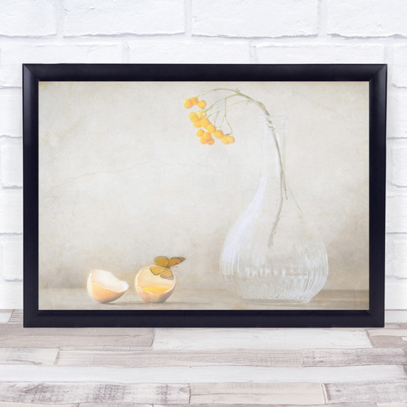 Yellow Soft Still Life Vase Shell Egg Butterfly Butterflies Wall Art Print