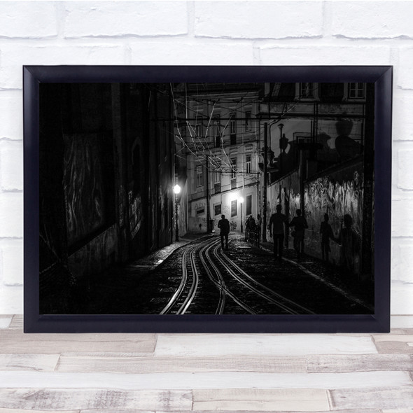 Black & White Lisbon Night Silhouette Silhouettes Alley Tracks Rail Print