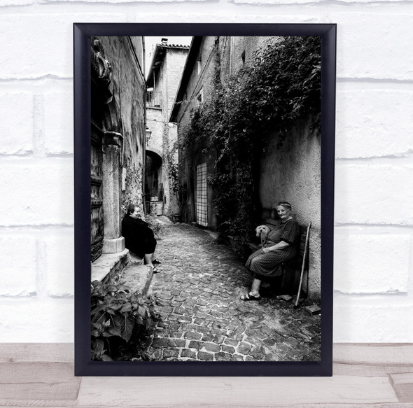 Street Black & White Alley Old Woman Bench Stick Cane Lady Town Ivy Print