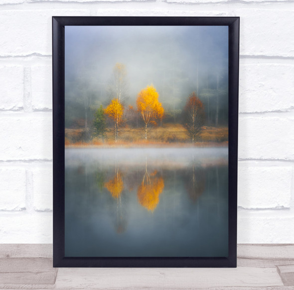 Autumn Tree Lake Reflection Fall Trees Fog Foggy Mist Haze Wall Art Print