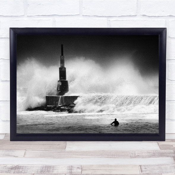 Black & White Lighthouse Man in Water Tower Sea Spray Mist Wall Art Print