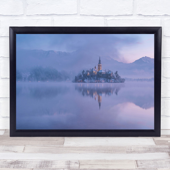 Bled Winter Morning Sunrise Fog Mist Lake Reflection Still Wall Art Print