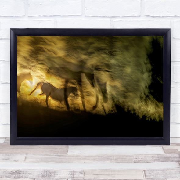 Blurry Fire Horses Running Clouds Smoke Abstract Landscape Wall Art Print