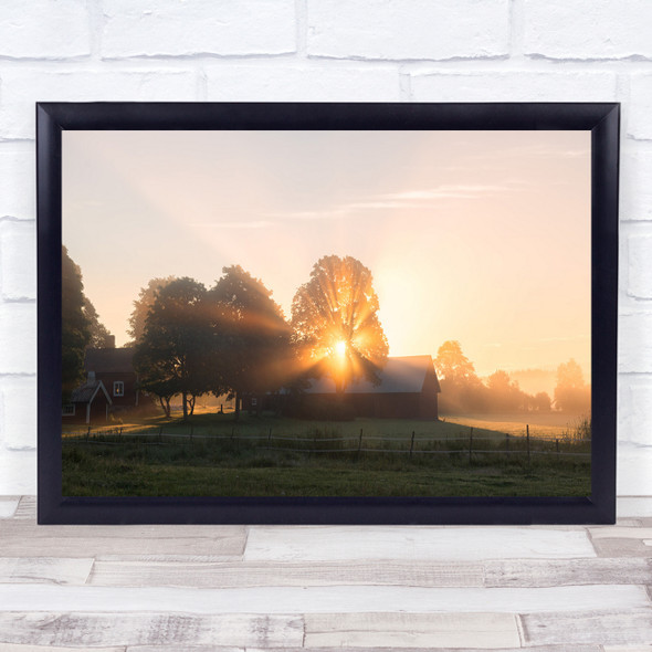 Countryside Rural Farm Sun Morning Dawn Sunrise Fence Barn Wall Art Print