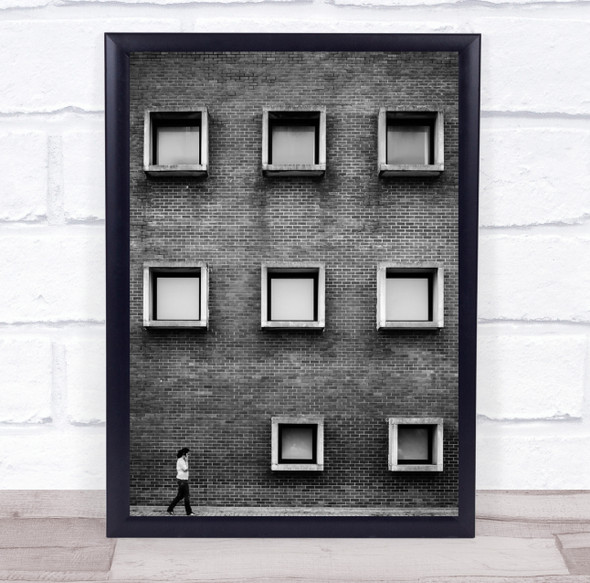 Facade Bricks Wall Windows Person Walk Walking Composition Wall Art Print