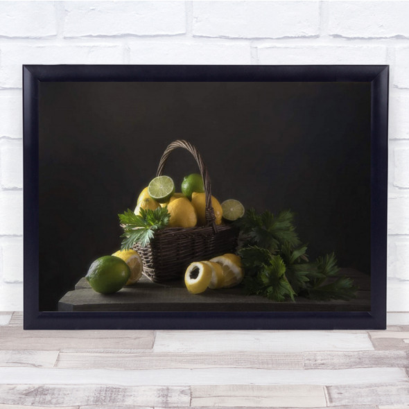 Lemon Lime Vegetable Basket Citrus Fresh Still Life Rustic Wall Art Print