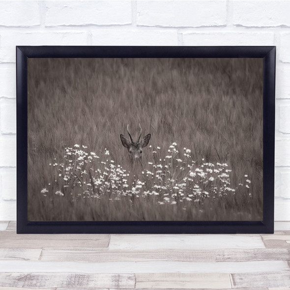 Nature Sepia Hidden Flowers Wild Animal Deer Horns Curious Wall Art Print