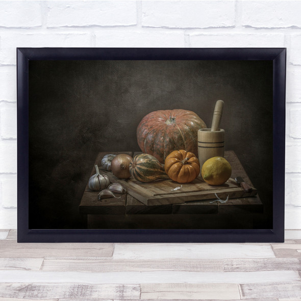 Pumpkins For Dinner Garlic cutting board still life autumn Wall Art Print