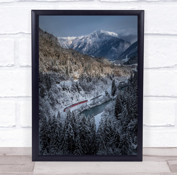 Train Winter Mountains Snow River Rhein Switzerland Trains Wall Art Print