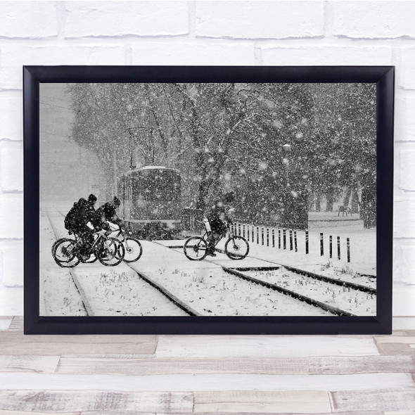 Bikes Train Snow Crossing Black & White Winter Passengers Wall Art Print