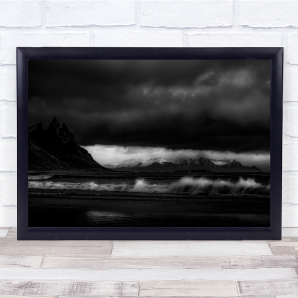 Black & White Stormy Clouds Mountains Waves Splashing Sea Wall Art Print