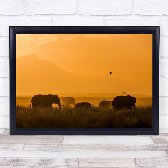 Elephant Africa Family Sunset Peace Golden Elephants Gold Wall Art Print