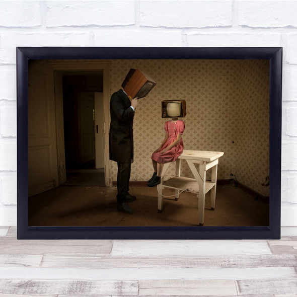 Humour Man Girl Obscuring Television Table Wall Door Room Wall Art Print