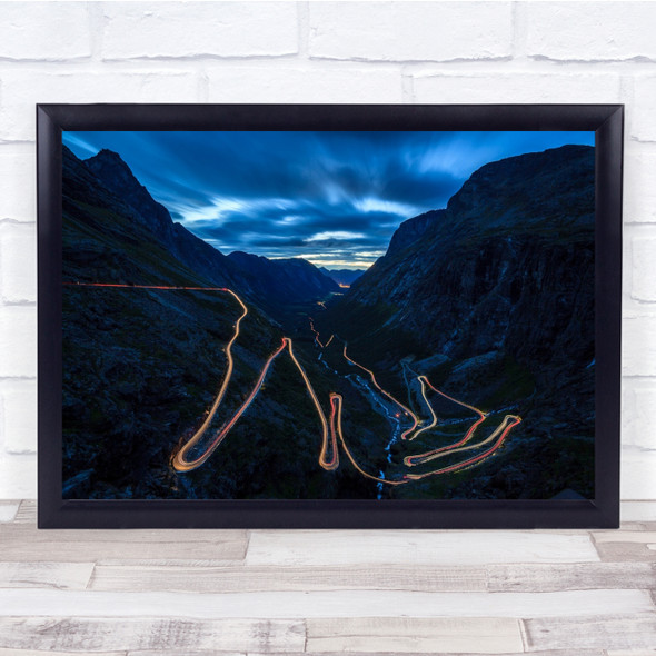 Road Curve Night Landscape Valley Traffic Way Tail Lights Wall Art Print