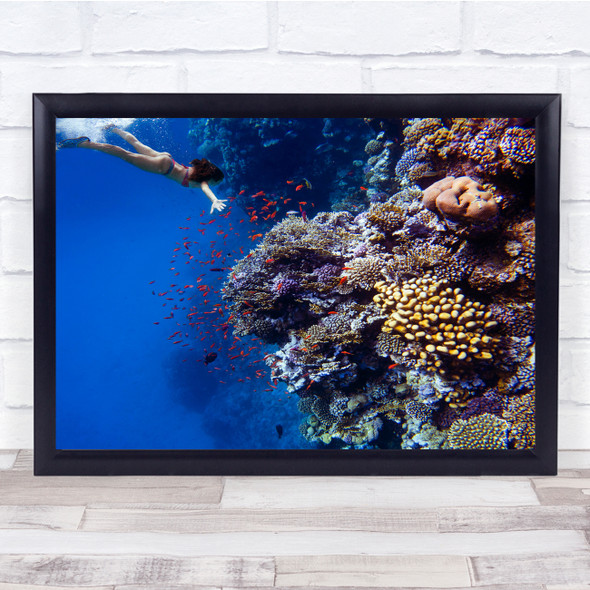 Seascape Underwater Coral Swim Deep Sea Dive woman diving Wall Art Print