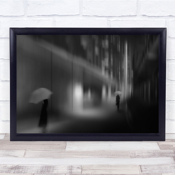 Black & White Mood Night Man Woman Street Umbrella Night Wall Art Print