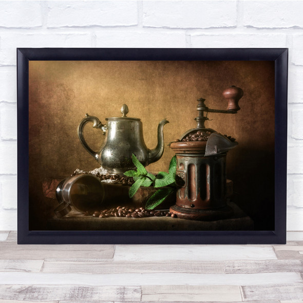 Coffee Mint Cup Coffeepot Brown Still Life Beans Grinder Wall Art Print