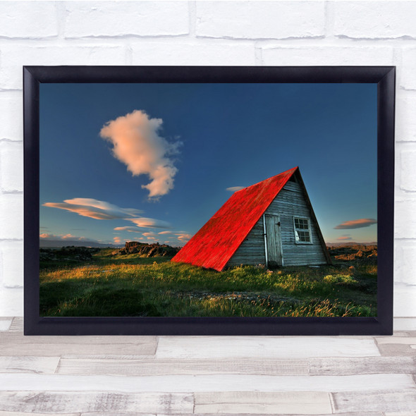 Iceland Hut Shack Red Sunset Clouds Grass Cabin Triangle Wall Art Print