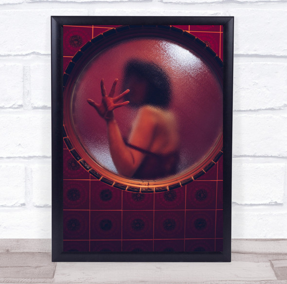 Petit Choux red circular window woman hand against glass Wall Art Print