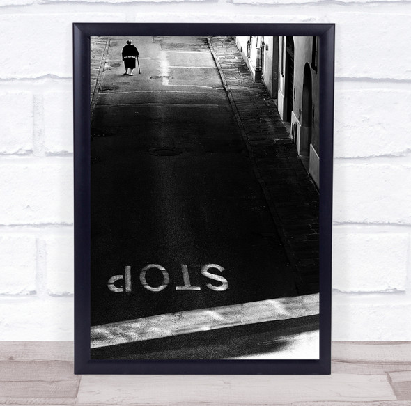 Stop Street Woman Lady Old Road Black & White Cane Stick Wall Art Print