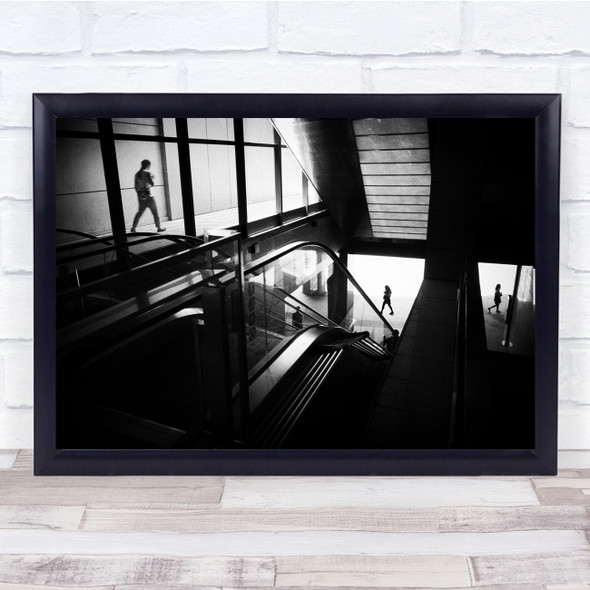 Three Walking People Escalators building black and white Wall Art Print