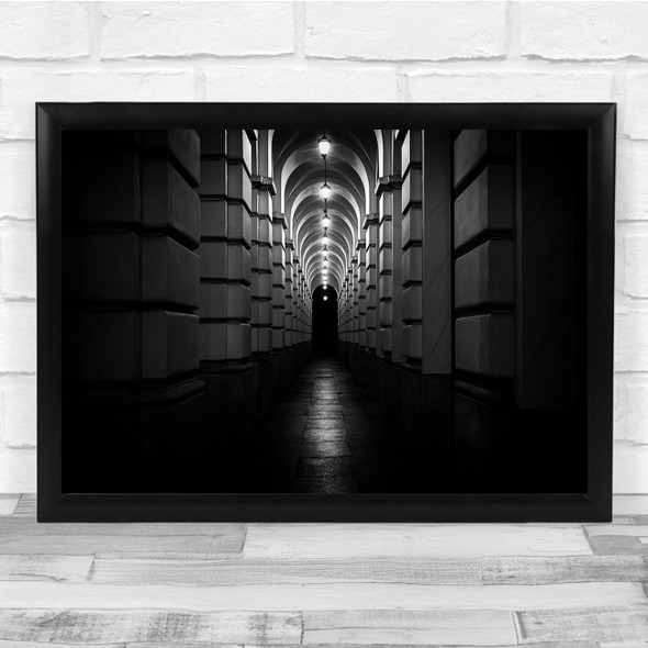 Architecture Black & White Passage Lamps Night Corridor Wall Art Print