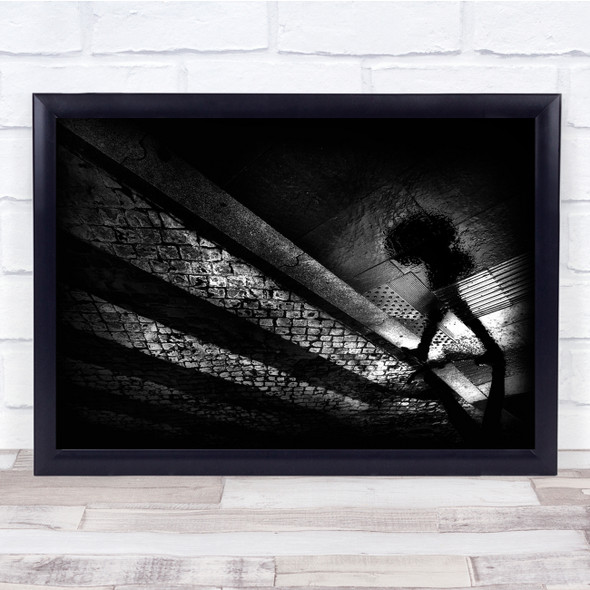 Black & White Moody Shadow Walking Umbrella Bricks Road Wall Art Print