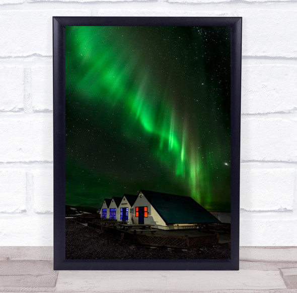 Iceland Aurora Borealis Northern Lights Sky Green Stars Houses Wall Art Print