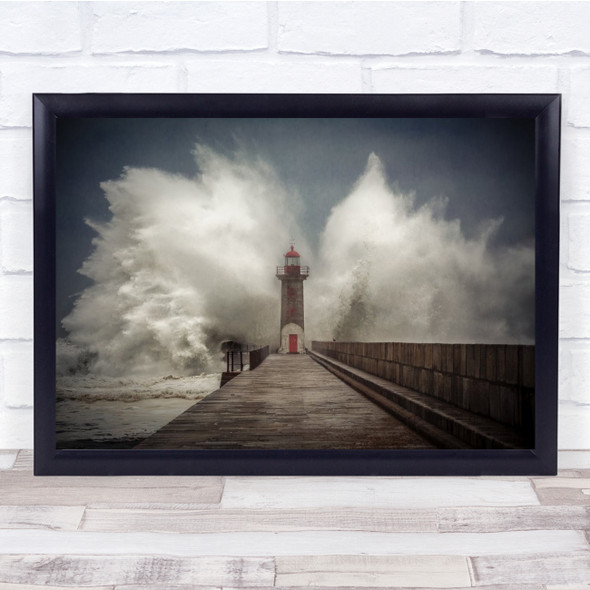 Landscape Lighthouse Portugal Sea Ocean Waves Crashing Weather Wall Art Print