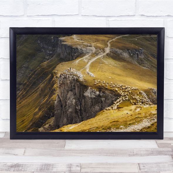 Landscape Mountain Sheep Yellow Peak Road Path Way Trek Person Wall Art Print