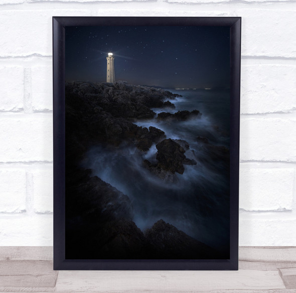 Lighthouse Cliff Cliffs Water Sea Ocean Tower Sky Stars Starry Wall Art Print