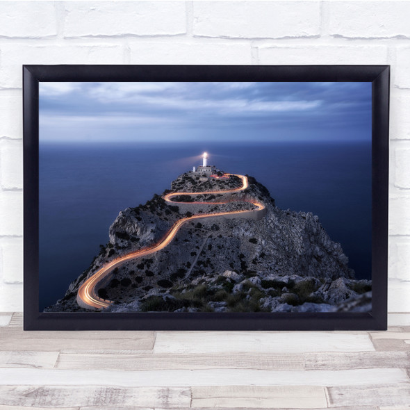 Lighthouse Mallorca Beach Seascape Cars Road Light Trails Blue Wall Art Print