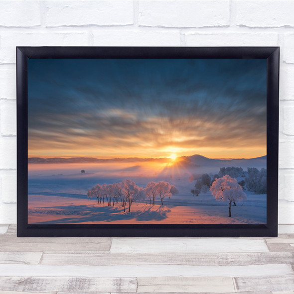 Panorama Landscape Glare Morning Dawn Sunrise Sun Winter Trees Wall Art Print