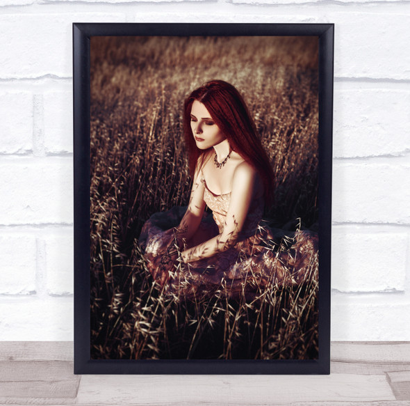 Portrait Girl Model Woman Field Sit Sitting Grass Beige Closed Wall Art Print