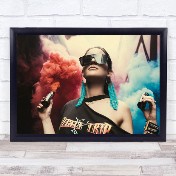 Red and blue Smoke Street Lamps party Girl Sunglasses Attitude Wall Art Print
