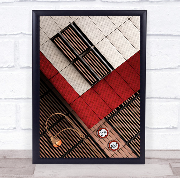 Red Wall Facade Sign Diagonal Architecture Graphic Street Lamp Wall Art Print