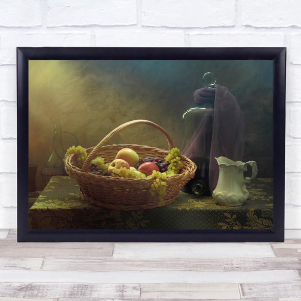 Still Life Grapes Apple Apples Basket Fruit Fruits Jug Lantern Wall Art Print