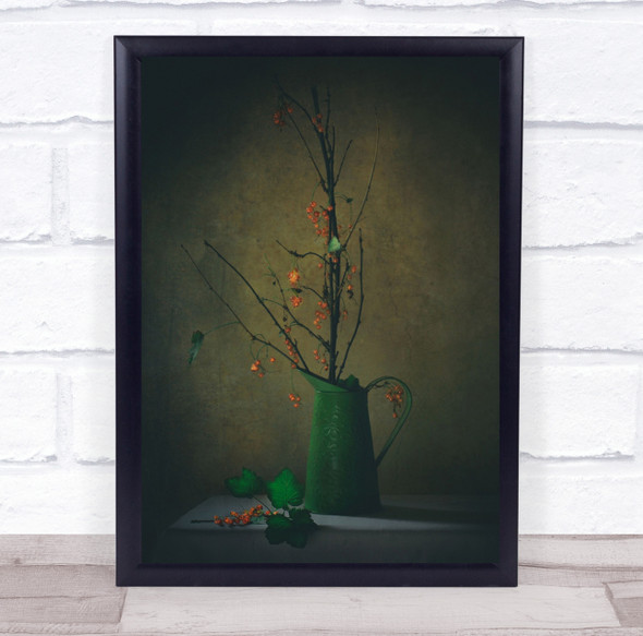 Still Life Green Can Vase Autumn Fall Leaves Leaf Twig Texture Wall Art Print