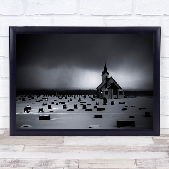 Storm Winter Cold Wind Norway Graveyard Cemetery Black & White Wall Art Print