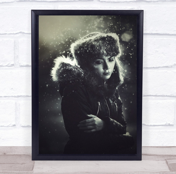 Winter Cold Portrait Snow Snowing Snowfall Hat Fur Model Woman Wall Art Print